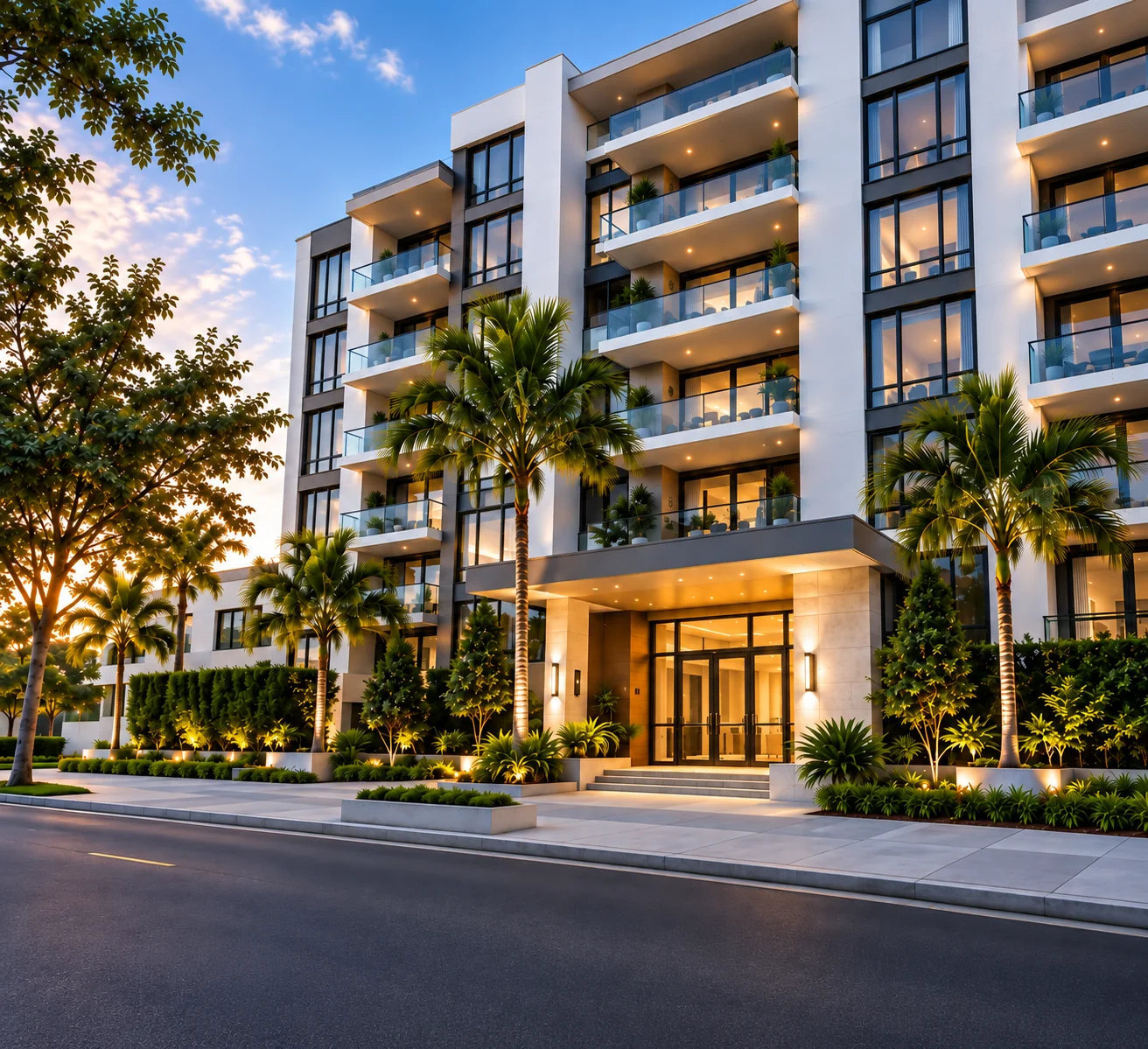 Modern luxury apartment building with glass balconies